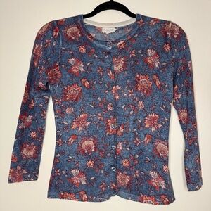 GARNET HILL 100% Merino Wool Boho Blue Pink Floral Lightweight Cardigan